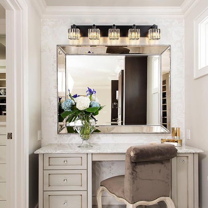35.43" Black Crystal Bathroom Vanity Light 5-Lights Modern Bathroom Lighting Fixtures Over Mirror, Crystal Wall Light