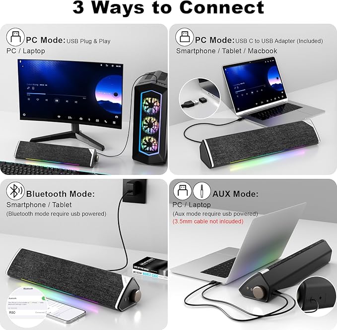 SOULION Computer Speakers, USB-Powered Bluetooth PC Soundbar with Dynamic RGB LED Lights, Surround Sound for Desktop, Laptop, Office, Work, Music & Gaming Black (USB-C to USB Adapter Included)