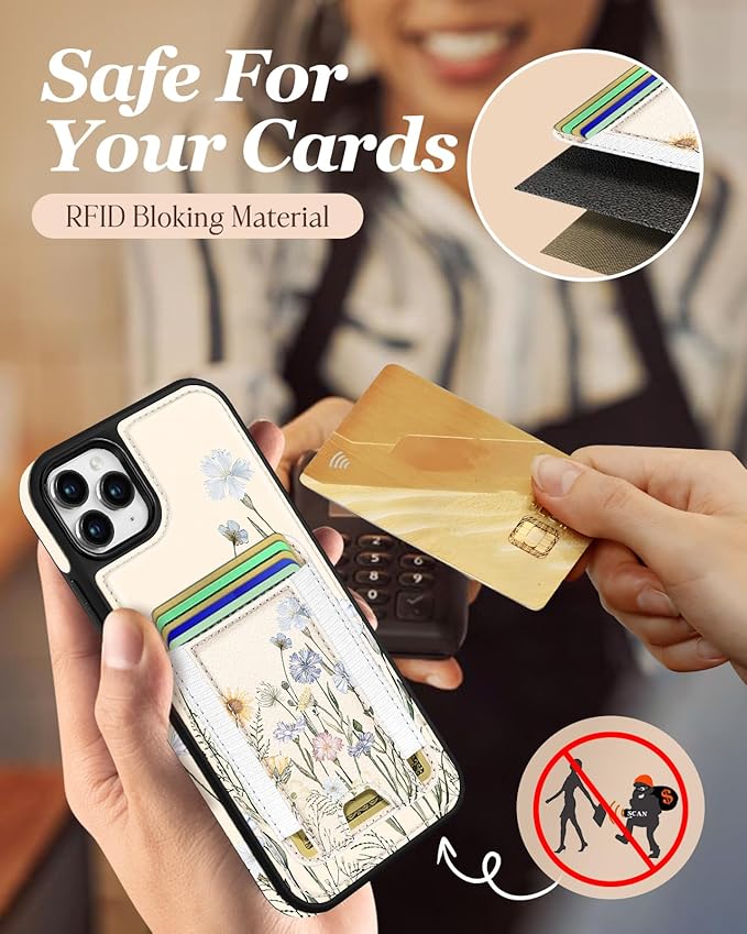 Shorogyt for iPhone 11 Pro Max Wallet Case - Fits 5 Cards, Compatible with Magsafe Magnetic Credit Card Holder Leather Cardholder Cute Phone Cover Women Girls for Apple 11 ProMax, Color Flower