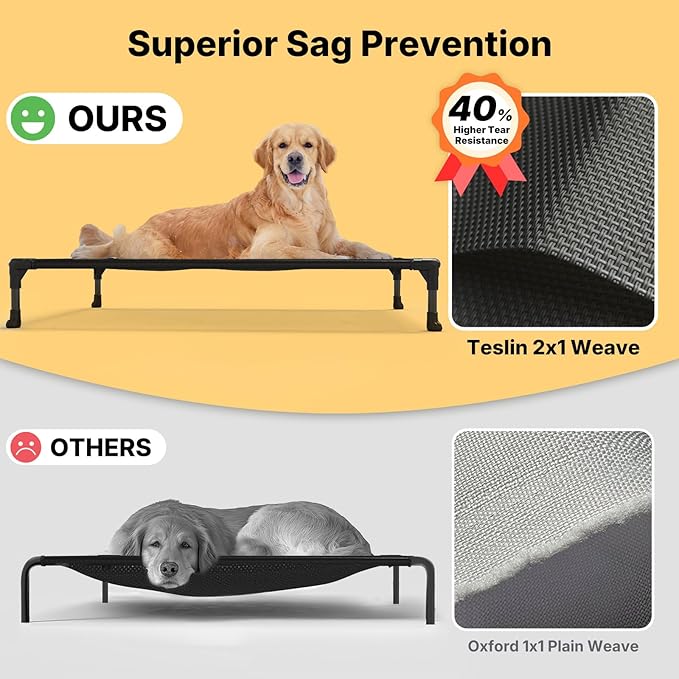 Veehoo Outdoor Elevated Dog Bed Large Sized Dogs, Extra Large Cooling Raised Dog Cots Beds Training Platform Off Ground Hammock with Breathable Mesh, No-Slip Feet, 45"x33", Black Silver