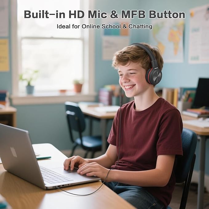 SIMOLIO Kids Wired Headphones with Microphone, Boys Headphone with Volume Limiter & Share Jack, Headset with Cord for School, Laptop, Tablet, PC, Airplane, Teens, Adults (Black)
