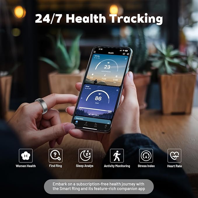 Smart Ring Health Tracker, Wireless Charging Case Fitness Ring, Brushed Stainless Steel Ring with Sleep and Exercise Tracking, Compatible with iOS and Android (Gold, 9)