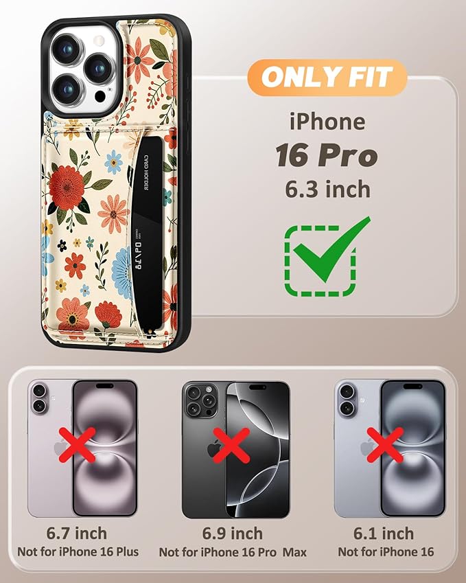 for iPhone 16 Pro Case with Wallet - Fits 4 Card Slots, Compatible with MagSafe for Women Aesthetic Durable PU Leather Credit Card Holder Kickstand Phone Cover for Apple 16 Pro, Beige Flower
