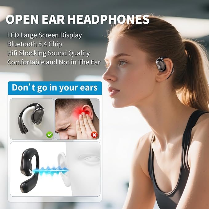 Open Ear Earphones with Touchscreen, Bone Conduction Wireless Earbuds Bluetooth 5.4, 68H Playtime with Charging Case, Over Headphones with Silicone Ear Hooks, for Outdoors Fitness Sport (Black)