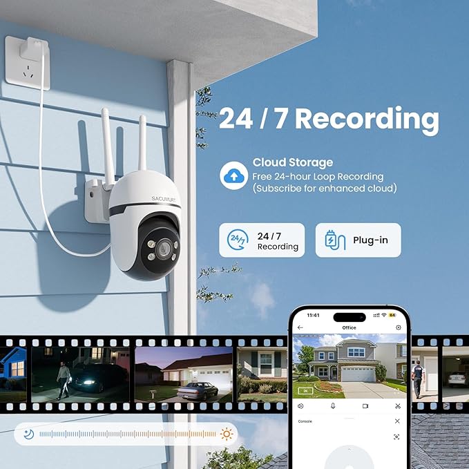 WiFi Security Cameras Wireless Outdoor Wired, Plug-in Outdoor Security Cameras for Home Security, 24/7 Recording, Human Detection, PTZ, 2K HD Color Night Vision, 2.4Ghz WiFi Only, 2-Way Talk, 2 Packs