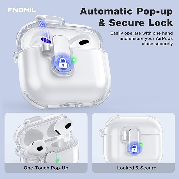 Clear Case for AirPods 3 Case Cover with [Lock Safety & Pop Up][Military Shockproof] Anti-Yellow Transparent Soft TPU Wireless Charging for AirPods 3 Generation Case with Keychain,Clear