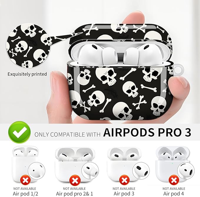Compatible with AirPod Pro 3 (2025),Cute Case Cover for Women & Men, Full Protection Shockproof Hard Case with Keychain, Wireless Charging Case Accessories(Skulls and Crossbones)