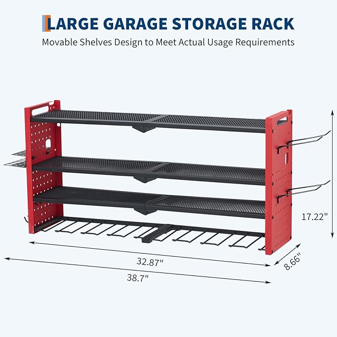 Power Tool Organizer, Drill Holder Wall Mount, Heavy Duty 4-Layer Garage Rack Metal Loads 400Lbs, 8 Drill Storage Shelf with Hooks, Drill Bit Shelf Power Tool Rack for Garage, Workbench