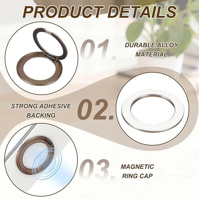 PATIKIL 2Pcs Phone Ring Holder, Metal 360 Rotation Magnetic Phone Grip Holder Stand with Adhesive Backing Smartphone Finger Grip Kickstand for Tablet Case Car Mount Accessory, Desert Gold