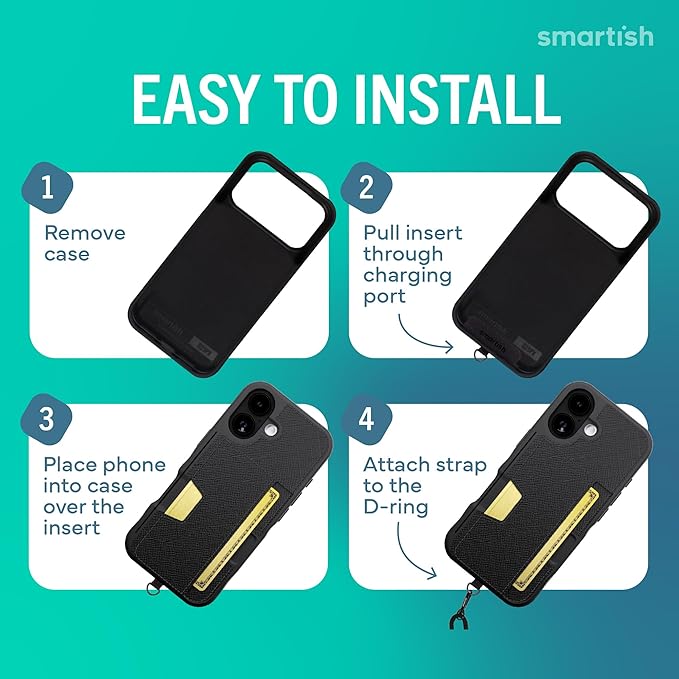 Smartish® iPhone 17 Wallet Case + Crossbody Lanyard Strap - [Slim + Protective] Phone Case Credit Card Holder + Universal Detachable Shoulder Neck Strap for Apple iPhone 17 - Black Tie Affair