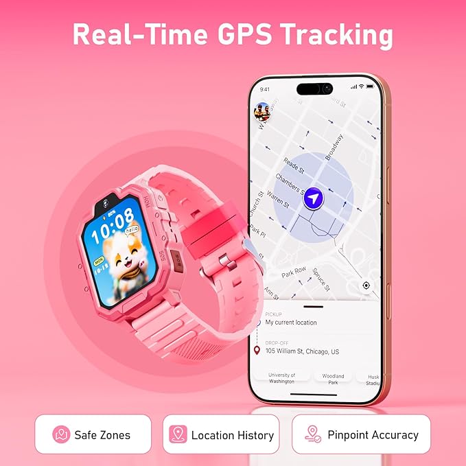 4G Kids Smart Watch, T17 Smartwatch Gifts with Panda Holder, GPS Tracker, Video Calling, SOS, Voice Chat, SMS, School Mode, Puzzle Games, HD Touch Screen for Boys & Girls 3-12（Pink）