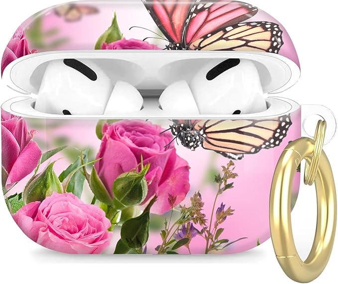 Compatible with Airpod Pro 2nd/1st Generation,Full Protection Cover for Women,Accessories Hard Case Portable & Shockproof for Airpod Pro 2nd Charging Case 2023/2022/2019(Butterfly Rose Floral)