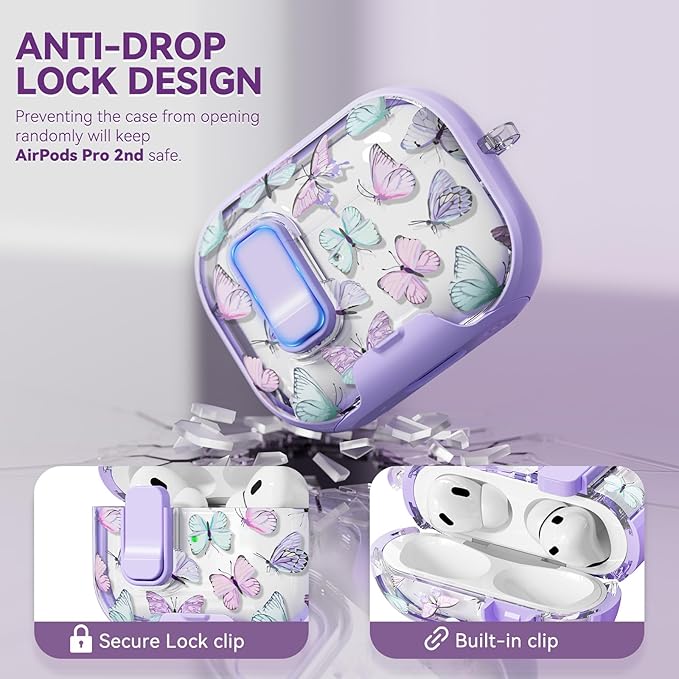 with Safety Lock for AirPods Pro 2nd 1st Generation Case Cover,Clear Butterfly Floral Cute with Phone Stand & Cleaner Kit for AirPod Pro Case for Women Girly-Purple
