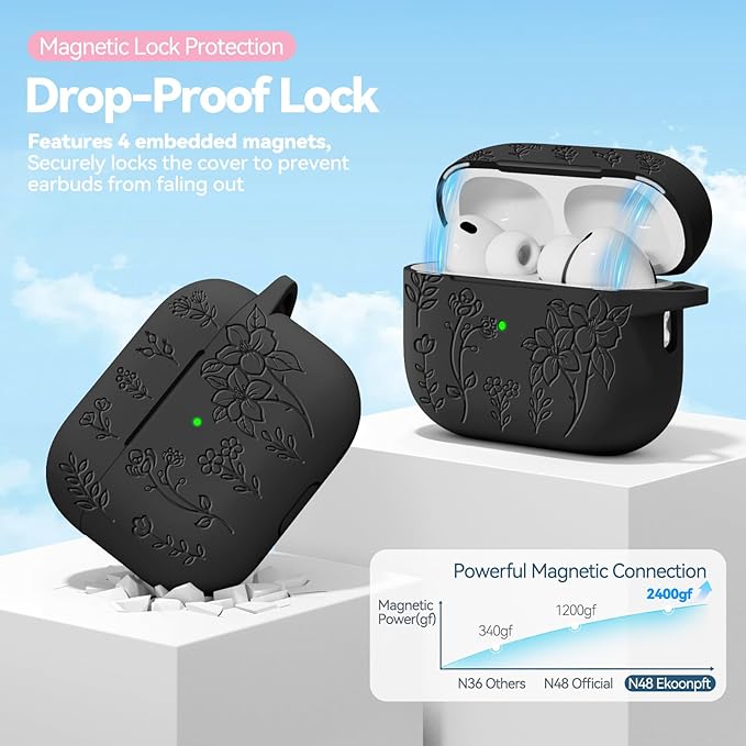 for Airpods Pro 3 Case with Magnetic Lid, Flower Engraved Case Cover Compatible with AirPods Pro 3rd Generation 2025, Soft Silicone Cases with Keychain & Cleaner for Women Girly, Shockproof