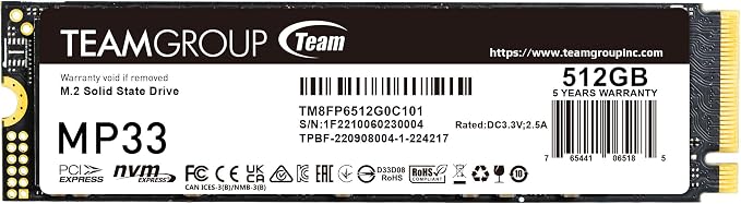 TEAMGROUP MP33 512GB SLC Cache 3DNAND TLC NVMe PCIe Gen3x4 M.2 2280 Internal SSD R/W up to 1700/1400 MB/s Compatible w/ Laptop&Desktop TM8FP6512G0C101