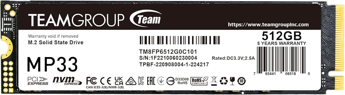 TEAMGROUP MP33 512GB SLC Cache 3DNAND TLC NVMe PCIe Gen3x4 M.2 2280 Internal SSD R/W up to 1700/1400 MB/s Compatible w/ Laptop&Desktop TM8FP6512G0C101