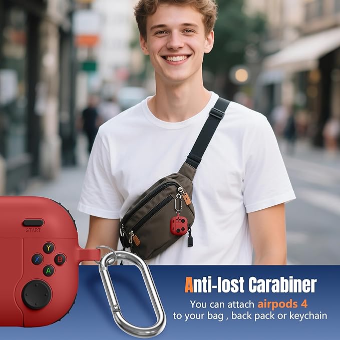 Getino for AirPods 4 2024 Case Cover with Cleaner Kit, Keychain,Compatible with Apple Airpods 4 Case Cover, Cute Funny Game Console Shock-Proof Protective Silicone AirPod 4 Case Covers for Men Boy-Red