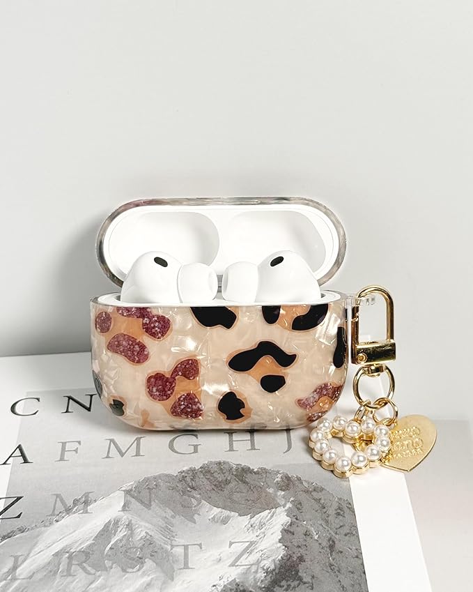 Compatible with AirPods Pro 3 Case Cute, Shell Cheetah Print Pattern Shockproof Protective Cover for Girls Women with Heart Keychain Designed for AirPod Pro 3rd Generation(2025), Leopard