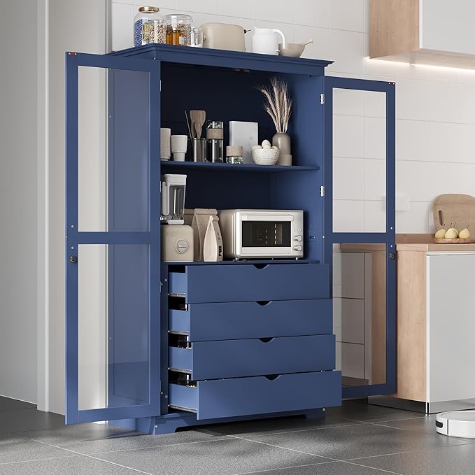 Kitchen Pantry Cabinet 44.7Wx20Dx75H inch, Freestanding Storage Display Cabinets with Glass Doors and 4 Built-in Drawers for Living Room, Home Office,Blue