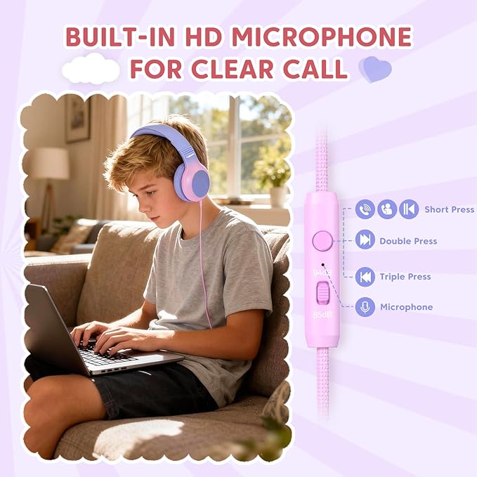 USB Type C Kids Headphones, Wired Headphones for Kids with Microphone, 85/94dB Volume Limit, Stereo Sound, Foldable Over-Ear USB-C Headphones for School/Travel/Tablet/iPad, Purple