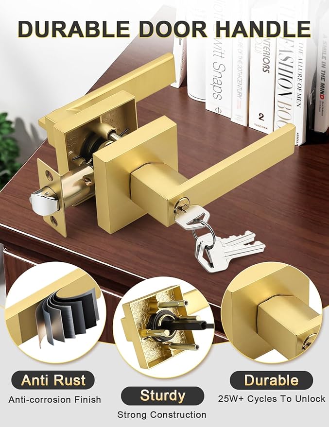 2 Pack Brushed Gold Entry Door Levers with Lock and Key, Satin Brass Keyed Alike Lockset Combo Pack, Entrance Door Handles for Office and Front Door, Door Knobs Lockset (Each with 3 Keys)