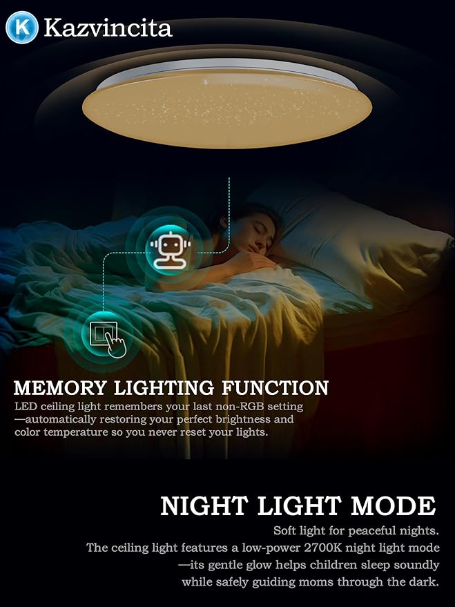 BT-Version LED Ceiling Light with Speaker 40W 13Inch Music Ceiling Lamp with Remote Control Adjustable Brightness & Color Temperature RGB Ambient Lighting for Kids Room Bedroom and More