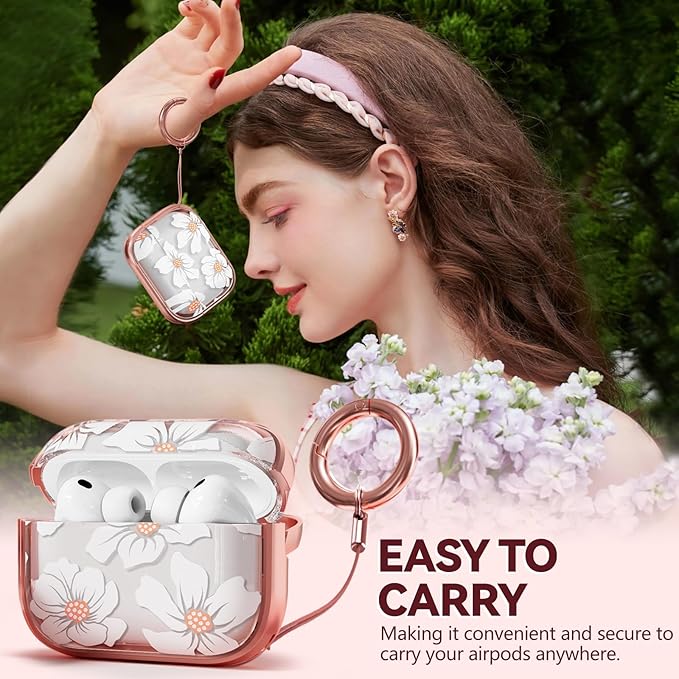 Inesore for AirPods Pro 3 Case 2025 with Lock, for Women Girly Floral Clear Case Compatible with Apple Airpods Pro 3rd Generation Cover, with Phone Stand,Keychain & Cleaner Kit -White Lily