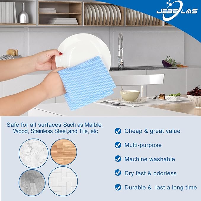 JEBBLAS Green Reusable Kitchen Towels, 60 Sheets/Pack, 13" x 24" (33x60cm), Eco-friendly, Machine Washable