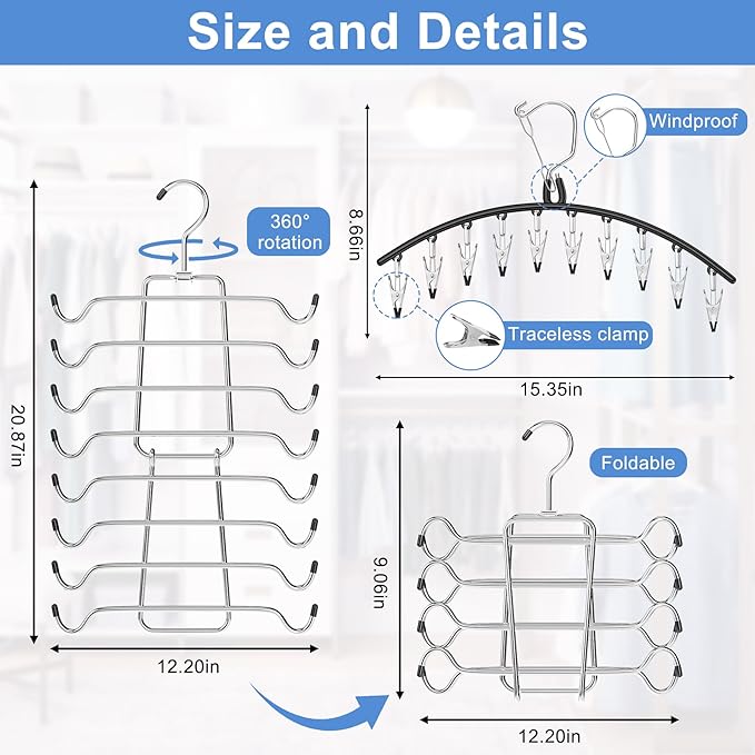 2 Pack Legging Hangers for Closet Organizer, 1 Pants Hangers with 10 Clips, 1 Pack Tank Top Hanger Space Saving Closet Organizers and Storage for Yoga Pants Skirt Bra Lingeries Dorm Essentials