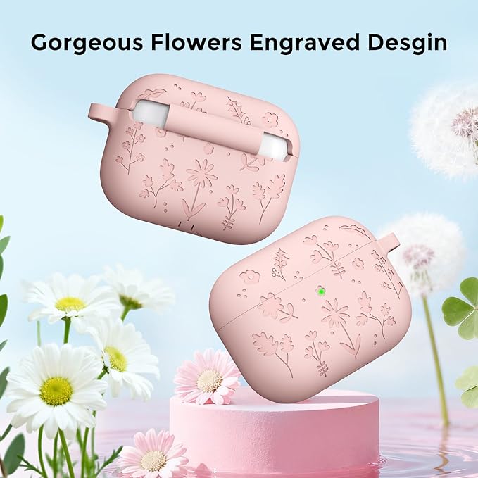 AhaStyle AirPods Pro 3 Case Cover (2025) Flower Engraved Cute Silicone AirPods Pro 3rd Generation Case Full Body Shockproof Cover Skin for Apple AirPods Pro 3rd Gen with Cleaning Kit for Women Girls