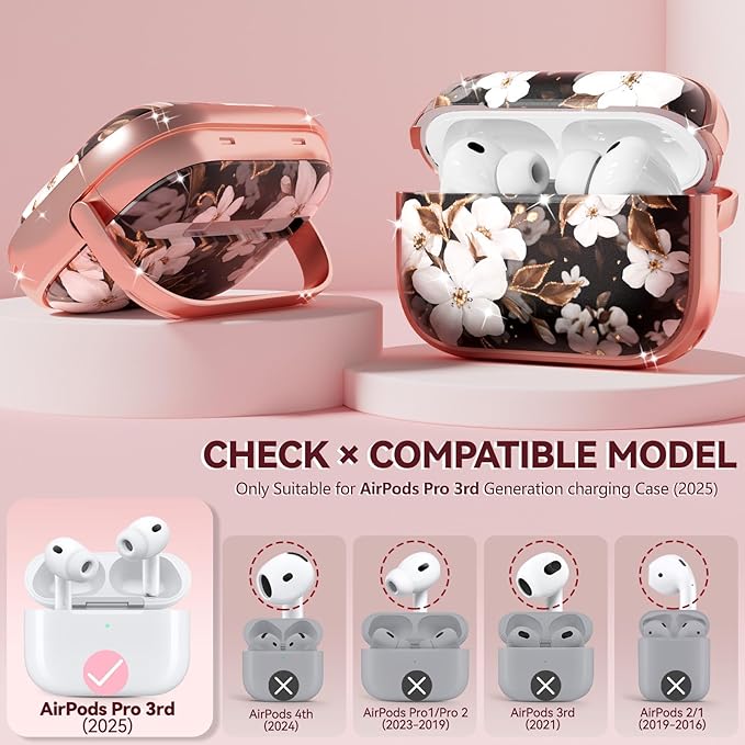 Inesore for AirPods Pro 3 Case 2025 with Lock, for Women Girly Floral Cute Case Compatible with Apple Airpods Pro 3rd Generation Cover, with Phone Stand,Keychain & Cleaner Kit -Black Gold Flower