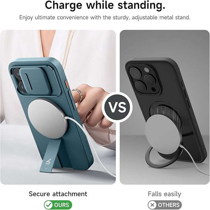 SURITCH for iPhone 15 Pro Case with Magnetic Camera Slide Cover and Adjustable Kickstand, Compatible with MagSafe, Shockproof Bumper Case Slim Protective Cover 6.1 Inch, Lake Green