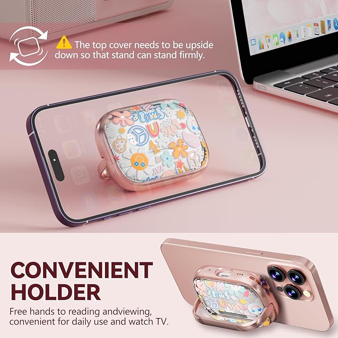 Inesore for AirPods Pro 3 Case 2025 with Lock, for Women Girly Floral Clear Case Compatible with Apple Airpods Pro 3rd Generation Cover, with Phone Stand,Keychain & Cleaner Kit-Pink Smile Graffiti