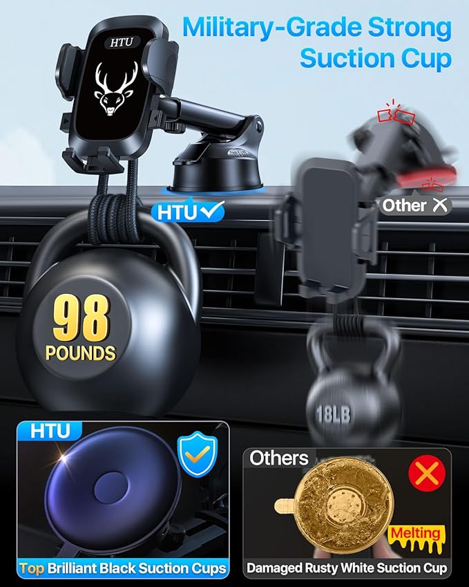 【98+LBS Strongest Suction & Military-Grade】 2025 Ultimate Car Phone Mount【Patent & Safety Cert】 Cell Phone Holder Truck Stand for Dashboard Windshield Vent for iPhone 17 Pro Max Samsung Graphite Black