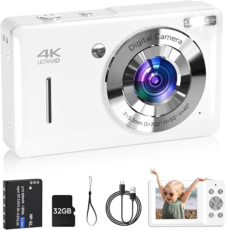 Digital Camera for Kids, FHD 1080P 44MP Point and Shoot Digital Camera with Face Detect, Smile Capture, 16X Zoom, 20 Filters, Anti Shake, 32GB SD Card White Compact Vintage Camera for Kids Boys Girls