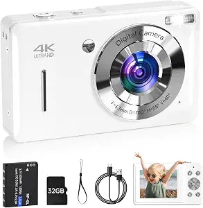 Digital Camera for Kids, FHD 1080P 44MP Point and Shoot Digital Camera with Face Detect, Smile Capture, 16X Zoom, 20 Filters, Anti Shake, 32GB SD Card White Compact Vintage Camera for Kids Boys Girls