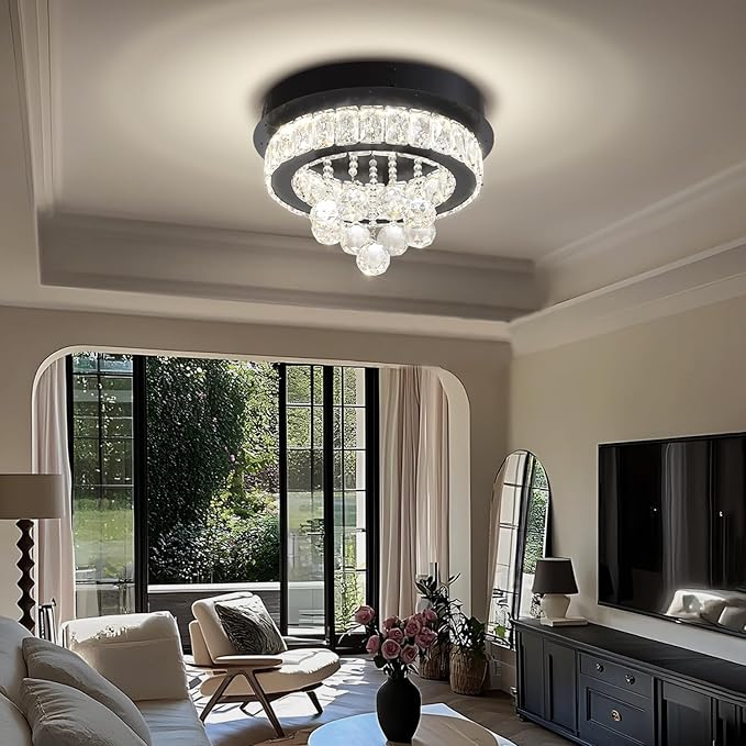 Dia 12" Mini Chandelier Flush Mount Chandelier for Hallway, Crystal Ceiling Chandeliers for Dining Room, Bedroom, Living Room, Entryway, Kitchen (Black Ceiling Light Fixture)