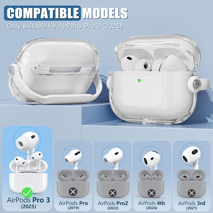 for Airpods Pro 3 Case Clear,Safety Lock Cases for Apple Airpod Pro 3 Case 2025 with Phone Stand & Cleaner Kit,Drop Protection Air pods Pro3 Cover for Men Women with Keychain,Clear+White