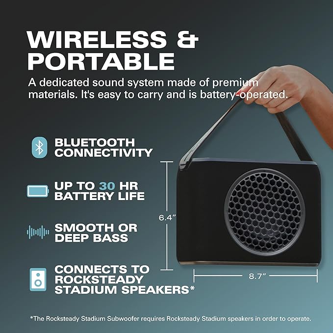Rocksteady Stadium 2.0 Subwoofer - Wireless Portable Bass - Dual EQ- Up to 150 Foot Range - Up to 30 Hour Battery Life - Subwoofer and Carry Strap
