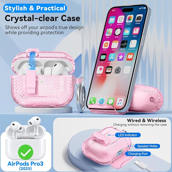 for AirPods Pro 3 Case with Phone Stand & Secure Lock, Auto-Open Clear Case Cover Compatible with Apple AirPods Pro 3rd Generation with Cleaning Kit & Keychain