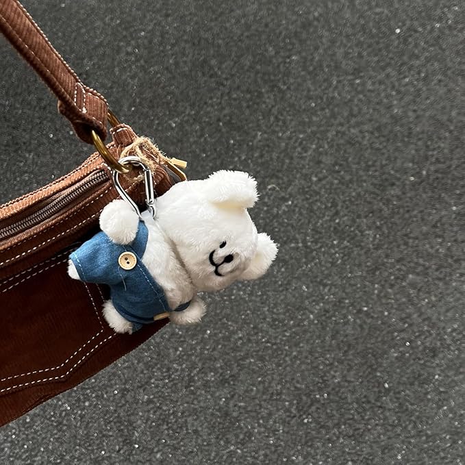 YAKVOOK Plush Case for AirPods 1&2,Kawaii Cute 3D Cartoon Fur White Puppy Wearing Overalls Funny for Airpods 2nd 1st Generation Cover with Keychain Protective Case Women Girls