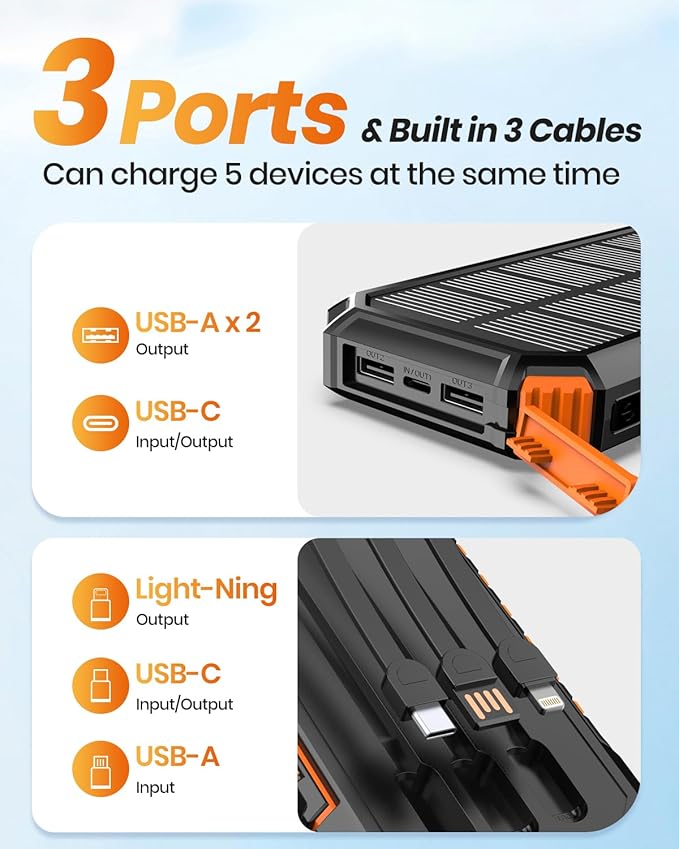 FEELLE Solar Charger for Outdoor: 27000mAh Power Bank with Built-in Cables - 15W Fast Charging Portable Charger with 2 Flashlights for iPhone Android -External Battery Pack for Camping Emergency