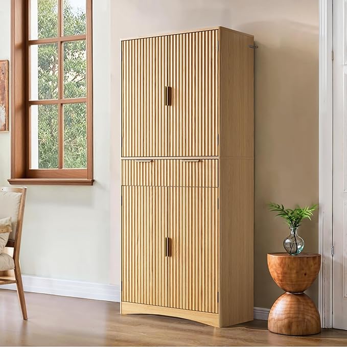 Marsail 72" Tall Kitchen Pantry Cabinet, Spacious Storage Cabinet with a Drawer, 4 Adjustable Shelves, 6 Door Shelves, Anti-Tip Safety, Fluted Cabinet for Kitchen, Dining, and Living Room, Natural