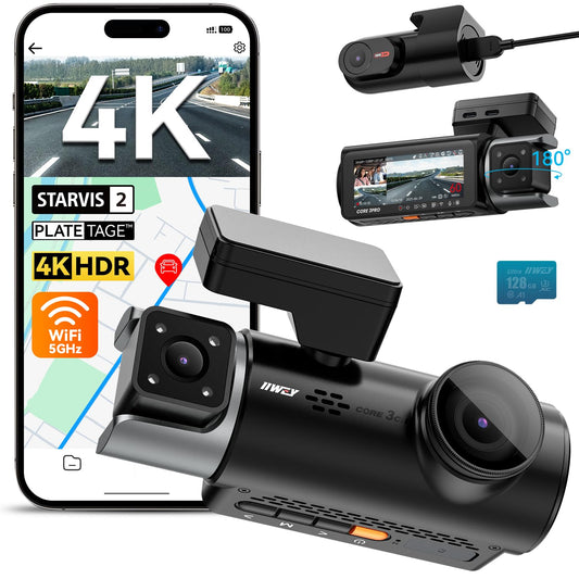 IIWEY 4K Dash Cam 3 Channel, Triple STARVIS 2 Sensors (IMX678 Front, IMX675 Cabin & Rear), 4K+2K+1080P HDR, Night Vision 3.0, PlateTag AI for Plate Clarity, 5GHz WiFi, GPS, Parking Mode, 128GB Card In