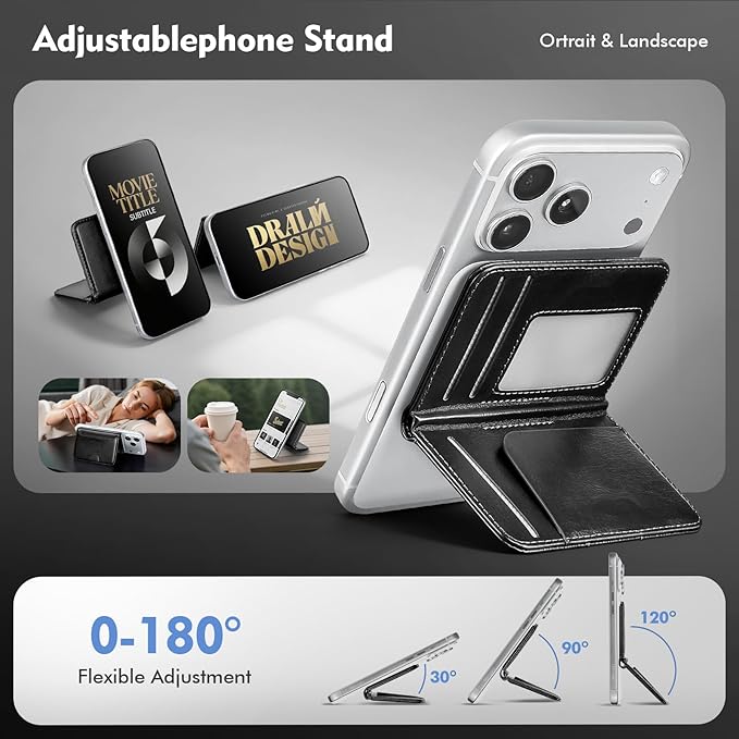 Antsturdy for Magsafe Wallet Stand with Holder,PU Leather RFID Blocking Card Holder,5 Card Slots,Strong Magnet Minimalist Flip Folio Kickstand for iPhone 17/16/15/14/13/12/Pro/Max/Plus/Air,Black