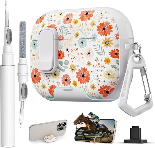 for AirPods Pro 3 Case(2025) with Secure Lock Clip and Phone Stand,Floral Girly Style Protective Cover with Cleaning Kit and Hand Strap for Apple AirPod Pro 3 Generation (Maple Leaf Petals)