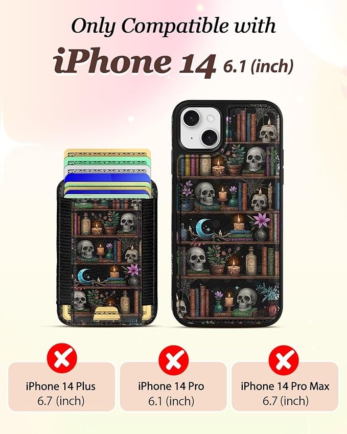 Shorogyt for iPhone 14 Wallet Case - Fits 5 Cards, Compatible with Magsafe Detachable Magnetic Credit Card Holder Leather Cardholder Cute Phone Cover Women Girls for Apple 14, Bookshelf