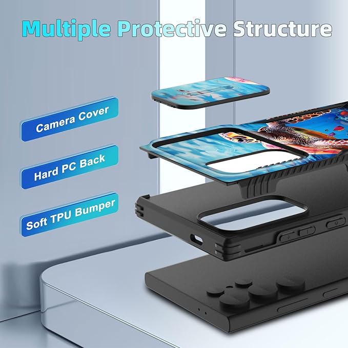for Galaxy S24 Ultra Case Built in Slide Camera Lens Cover,Heavy Duty Shockproof Protection Dual Layer Case for Samsung Galaxy S24 Ultra 6.8" 2024,Sea Turtle Swimming Underwater