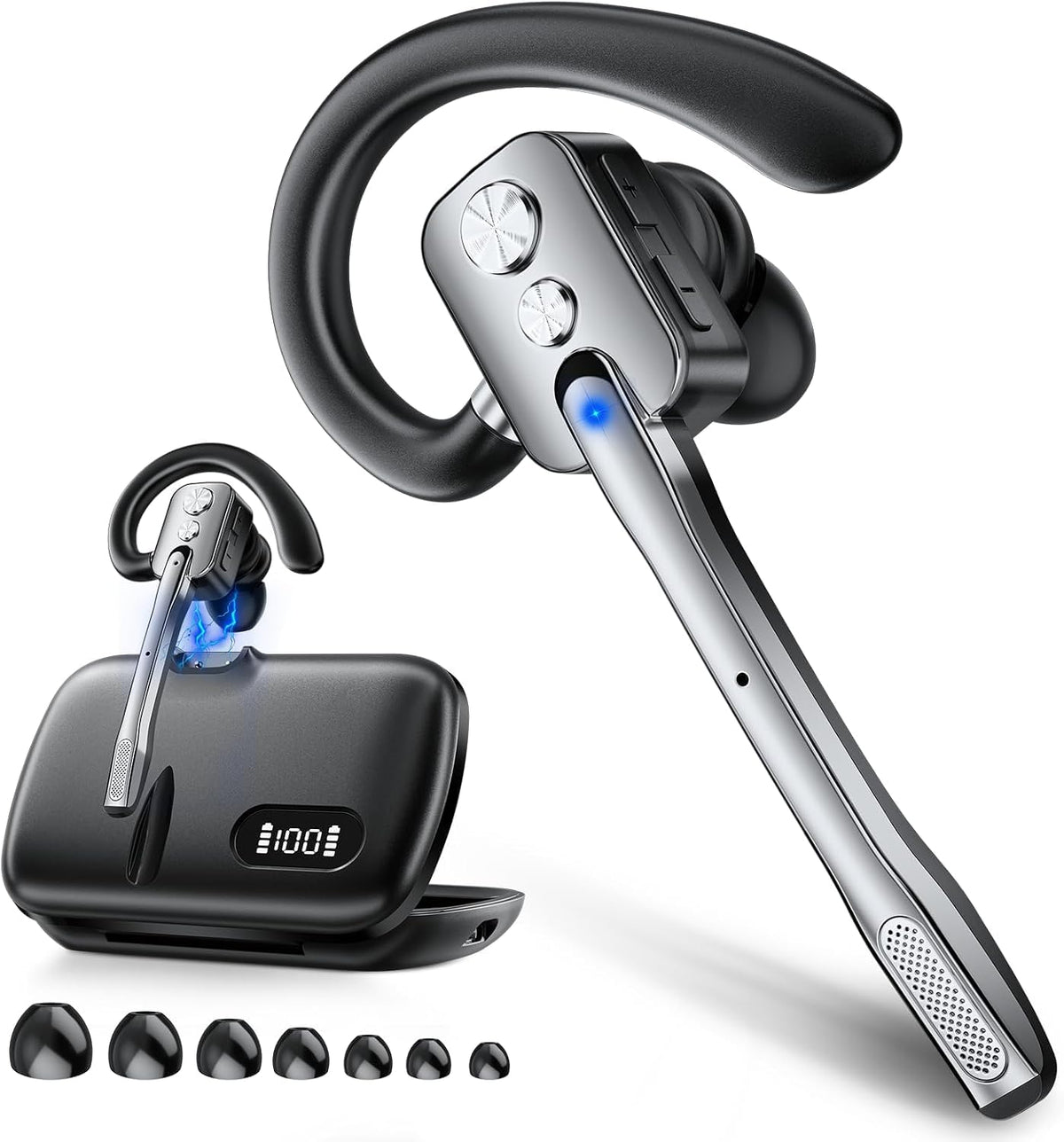 Bluetooth Headset, Wireless Headset with Dual-Mics & Noise Cancelling, Bluetooth Earpiece with Mute for Office Business Work Trucker, V5.3 Hands-Free Headset with QCC Chip for Phone PC iOS Android