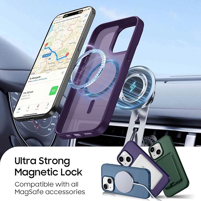 Magnetic for iPhone 14 Case & iPhone 13 Case with Card Holder, Compatible with MagSafe, Slim Shockproof Phone Cover with Detachable Wallet, Built-in Magnet Ring, Purple